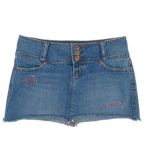 BONGO Juniors 7 Blue Jean Denim Mini Skirt Rhinestone Bling Accents Pockets Y2K